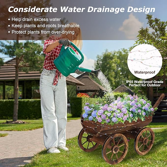 Garden Wooden Decor Rustic Flower Pot,Planters Wagon Indoor Outdoor Backyard Balcony Decor,for Outside Garden Decor Wheelbarrow Planter for Patio (Wooden Wagon with Light)