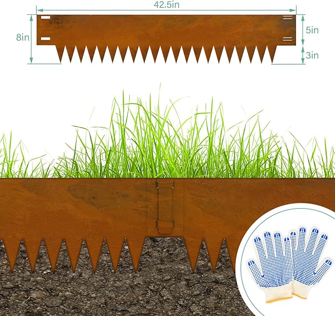 Cor Ten Steel Landscape Edging, 8Hx40L-Inch Metal Garden Edging, 6-Pack Hammer in Landscape Edging with 6 Clips and Gloves, Rustic