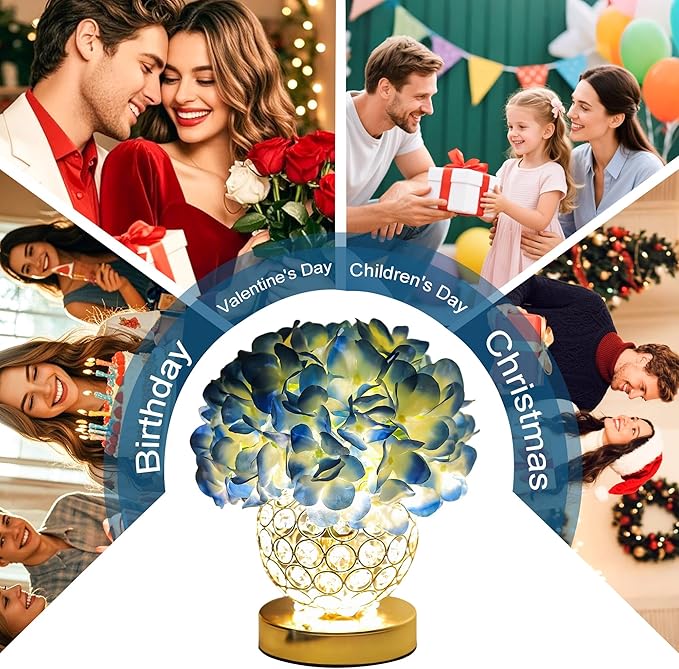 Flower Table Lamp, LED Night Light, 3 Color Modes Artificial Hydrangea Desk Lamp for Bedroom Living Room Decor, Ideal Gifts for Women Mom Wife Friend on Birthday Christmas (Hydrangea-Blue)