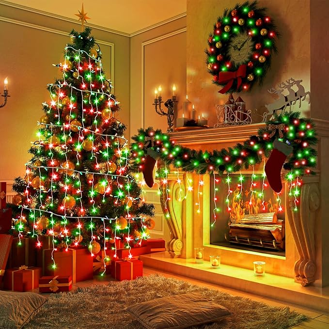 66ft Icicle Lights for Outside, Red and Green Christmas Lights Outdoor Indoor, 640 LED Twinkle String Lights with 120 Drops, Clear Wire Short Curtain Lights for Thanksgiving Room Home Wall Bedroom