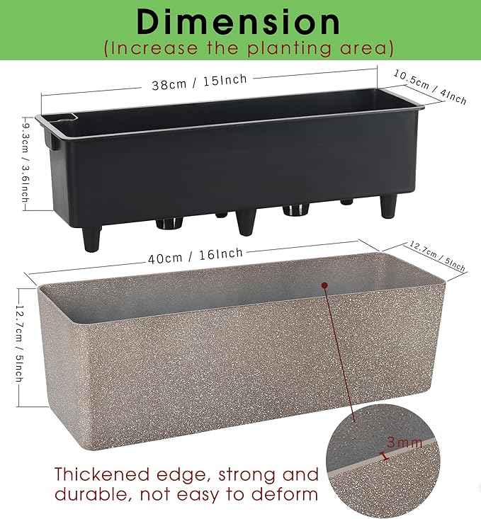 GardenBasix Elongated Self Watering Planter Pots 2-Pack Window Box 5.5 x 16 inch Indoor Home Garden Modern Decorative Pot for All House Plants Flowers Herbs (Coffee,2)