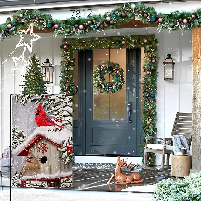 BLKWHT Winter Cardinal Bird Garden Flag 12x18 Vertical Double Sided Trees Snow Christmas Holiday Outside Decorations Burlap Yard Flag BW735