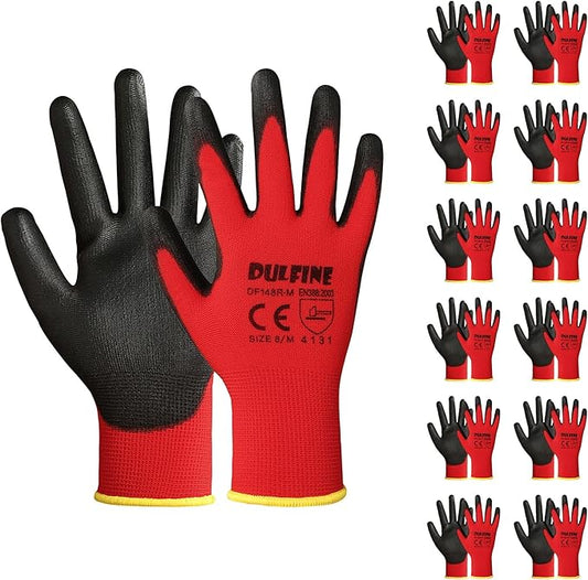 DULFINE Safety Work Gloves PU Coated-12 Pairs,Red Seamless Knit Glove with Polyurethane Coated Smooth Grip on Palm & Fingers, for Men and Women, Ideal for General Duty Work (Medium)