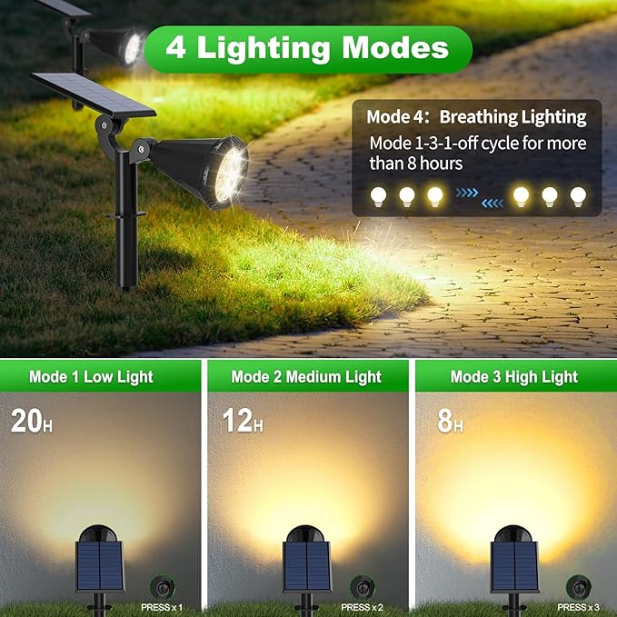 8 Pack Solar Spot Lights Outdoor Waterproof 180 Adjustable Solar Powered Landscape Lights for Yard, Garden, Pathway, Porch, Pool, Wall, 4 Lighting Modes, Warm White