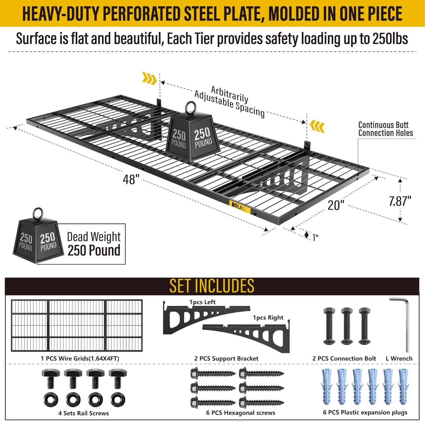 1.64x4ft Adjustable Rail Wall Garage Storage Shelf, for Tool Room, Storage Room, Store Supermarket Wall Storage Shelving Rack (1 Pack-Black)