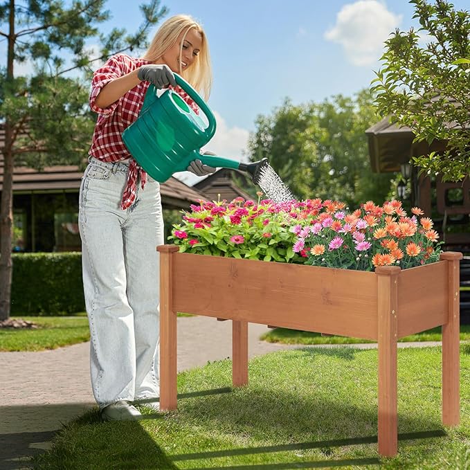 Giantex Raised Garden Bed, Elevated Wood Planter Box with Protective Liner and Drain Hole, Gardening Planter Raised Bed for Planting Vegetables Flowers Succulents Herbs, 49" Lx23 Wx30 H