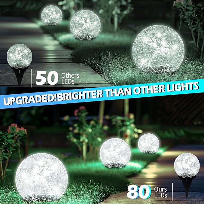 Garden Solar Ball Lights Outdoor Waterproof, 80 LED Cracked Glass Globe Solar Power Ground Lights for Path Yard Patio Lawn, Outdoor Decoration Landscape White (2 Pack 5.9'')