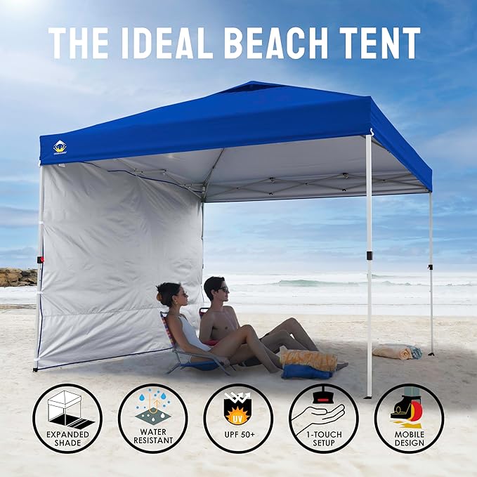 CROWN SHADES 10x10 Pop Up Canopy with 1 Side Wall - Beach Tent with One Push Setup - Outdoor Sun Shade for Events, Parties, Camping - Gazebo with STO-N-Go Cover Bag (Navy Blue)