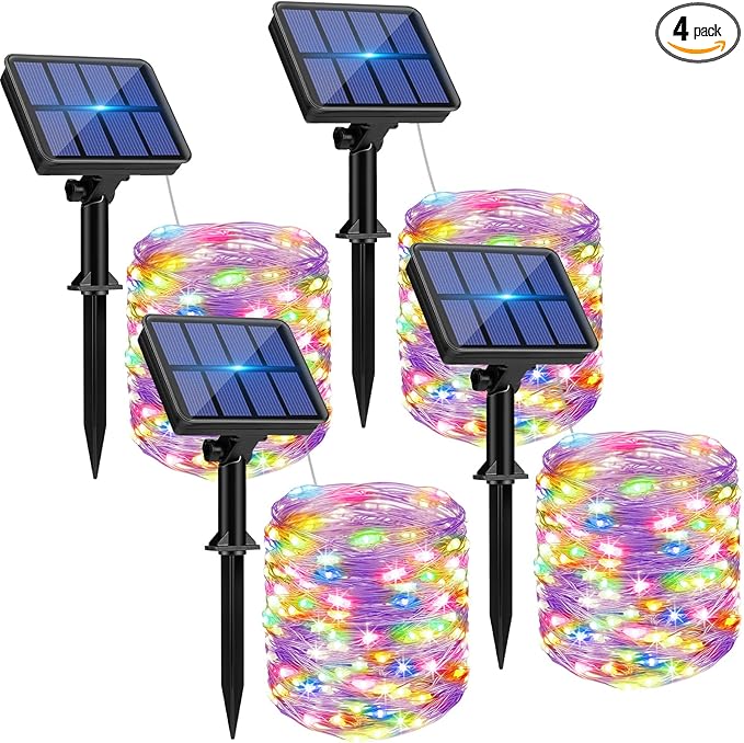 4 Pack Solar String Lights for Outside - 320LED 132FT Solar Fairy Lights Outdoor Waterproof 8 Modes, Copper Wire Solar Powered Twinkle Lights for Tree Garden Christmas Wedding Party Decor, Multicolor