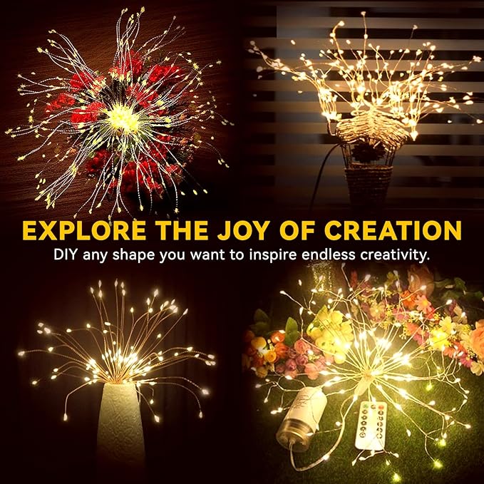 8 Pack Firework Lights 120 LED Copper Wire Firework Lights, 8 Modes Dimmable String LED Lights with Remote Control,Waterproof Hanging Fairy Lights for Party,Home,Christmas,Garden Outdoor Decoration