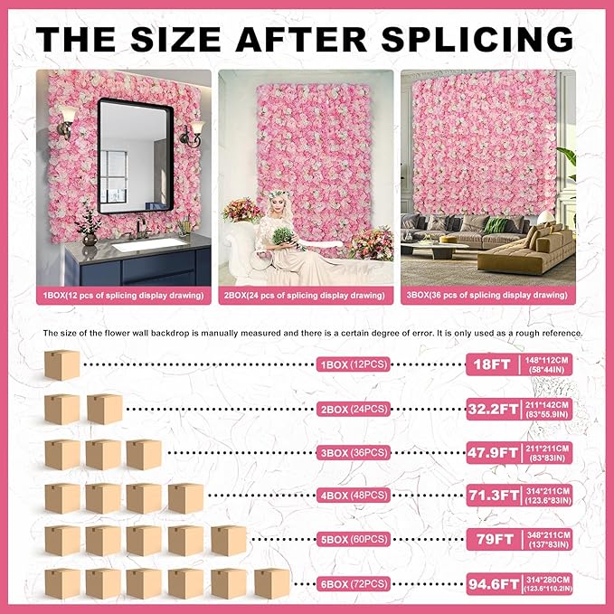 Flower Wall Backdrop 12 Piece of 16.5x16.5 Inch Floral Wall Panel Artificial Silk Rose Wall Decor Ideal for Wedding Celebrations, Festive Party Backdrops, and Home Decor-Pink