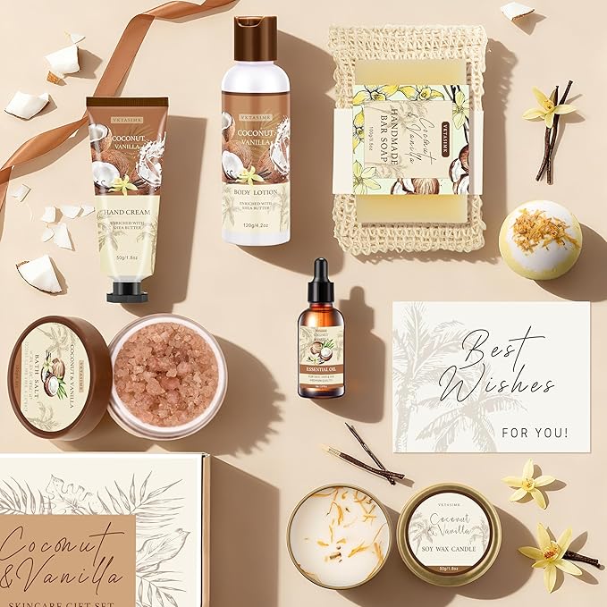 Gifts for Women Happy Birthday Gift Baskets, Bath and Body Gift Set Mothers Day Gifts, Vanilla Coconut Relaxing Home Spa Set Self Care Gift for Mom Sister Her Wife Grandma Girlfriend Friends