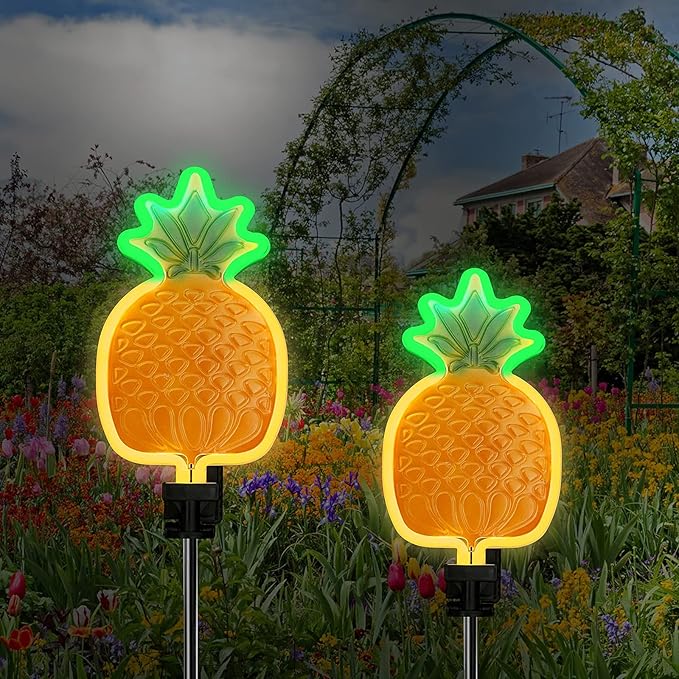 ANGMLN Solar Pineapple Neon Light - 2 Metal Garden Stake Lights 42 inch Path Lighting for Garden Yard Lawn Patio Walkway Decor Gifts for Mom Grandmother