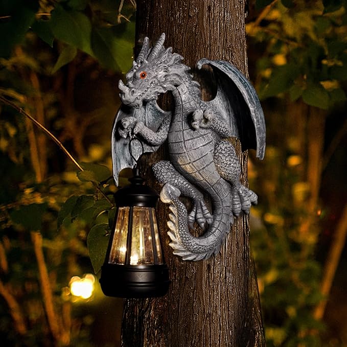 Garden Statues Tree Hugger Dragon with Solar Lantern,Lawn Decor Outdoor Statue for Patio, Balcony, Yard Ornament,Ideal Dragon Housewarming Gifts & Birthday Gifts for Grandma Mom Women