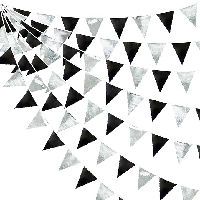 Black and Silver Party Decorations Triangle Pennant Banner Flag Metallic Fabric Bunting Garland for Birthday Graduation Retirement Wedding Bachelorette Bridal Shower Engagement Disco Party Supplies