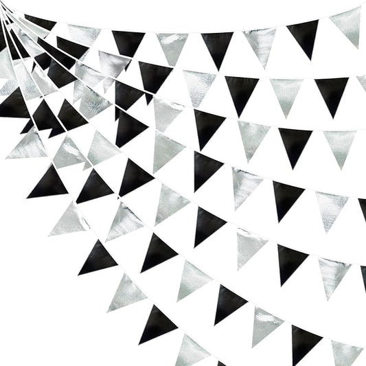 Black and Silver Party Decorations Triangle Pennant Banner Flag Metallic Fabric Bunting Garland for Birthday Graduation Retirement Wedding Bachelorette Bridal Shower Engagement Disco Party Supplies
