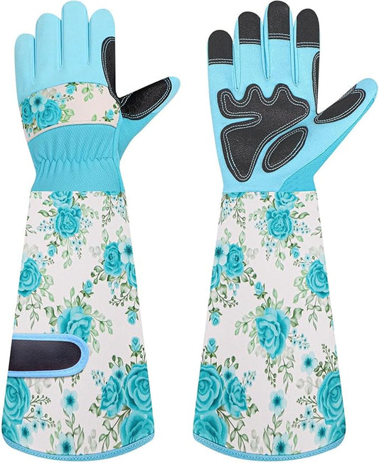 DLY Gardening Gloves for Women, Rose Gloves Gardening Thorn Proof, Long Garden Gloves for Women, Breathable & Durable Leather Gauntlet(Medium, Light Blue)