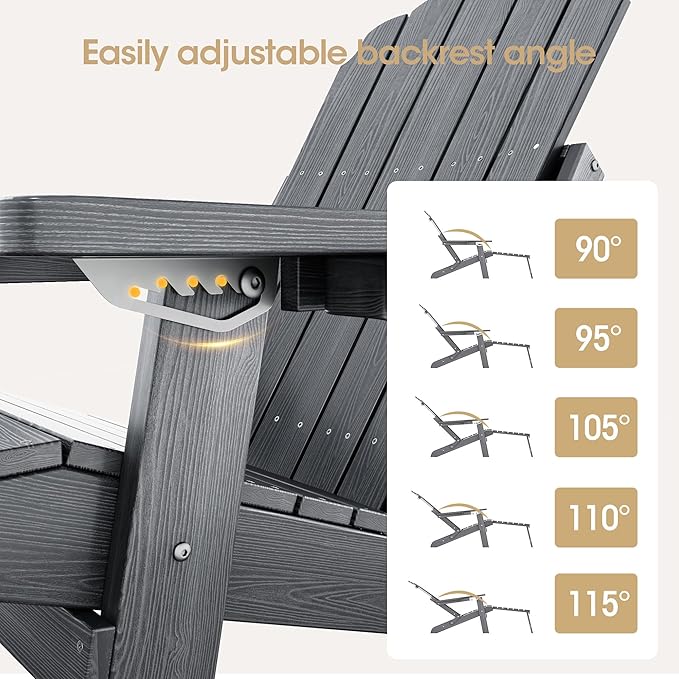 Folding Adirondack Chair Set of 2 with Adjustable Backrest, Adirondack Chair with Ottoman with 2 Cup Holders, for Outdoor Beach Garden Porch Lawn Pool Deck, Grey