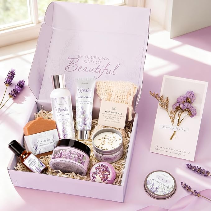 Gifts for Women, Lavender Bath and Body Gift Basket Relaxing Spa Self Care Gift, Mothers Day Gifts Happy Birthday Gift Baskets, Thank You for Mom Her Sister Wife Girlfriend Teacher Friends Friendship
