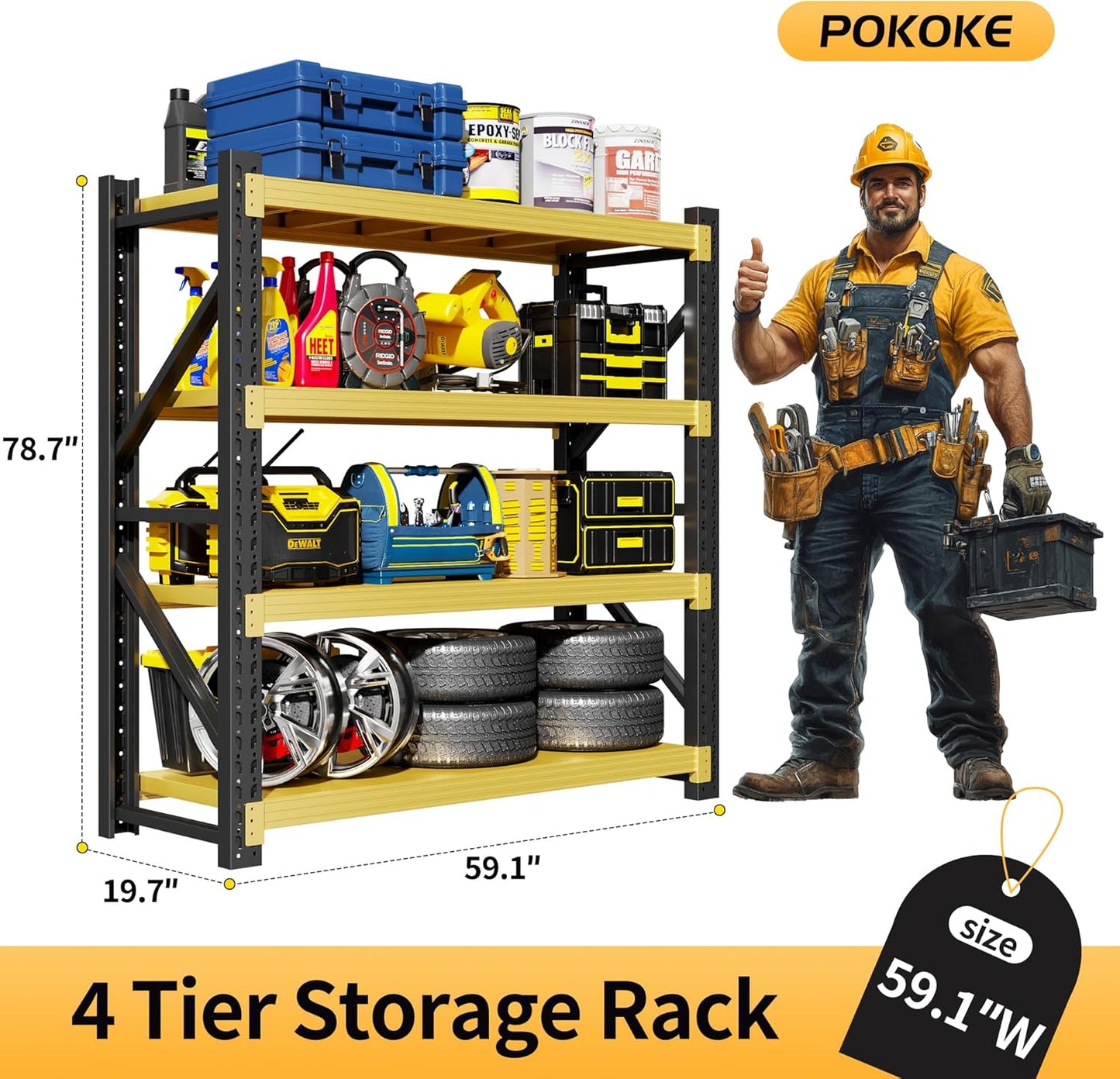 Garage Shelving Unit, 4 Tier Heavy Duty Racks, Easy Assembly, Metal Racks with Adjustable Shelves, 3000 LBS Load Capacity,for Warehouse,Basement (Black&Yellow, 19.7" D x 59.1" W x 78.7" H)