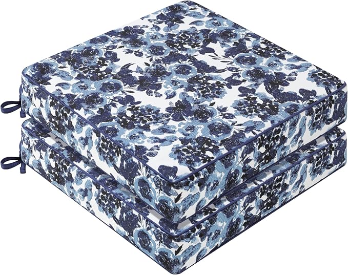 Favoyard Outdoor Chair Cushion 22 x 22 x 3 In Waterproof Pattern Fade Resistant Cushions for Patio Furniture with Removable Cover Attach Straps 28D Foam Insert Cushions Pads for Seat Sofa Couch 2 Pack