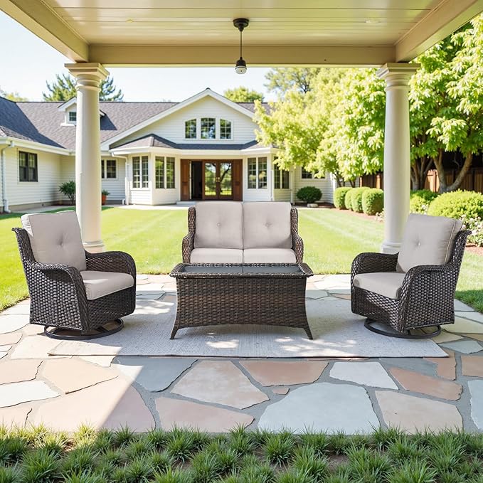 4 Piece Patio Furniture Set - Outdoor Glider Bench with Swivel Rocker Chairs and Coffee Table, High Back Small Outdoor Conversation Furniture Sets for Deck Sunroom Balcony Backyard