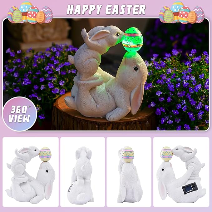 Easter Bunny Decor Solar Garden Outdoor Statues with Easter Egg LED Lights – Garden Rabbit Statue Outdoor Yard decorations for Patio,Lawn,Ornaments – Unique Easter Gifts for Birthday,Women,Mom