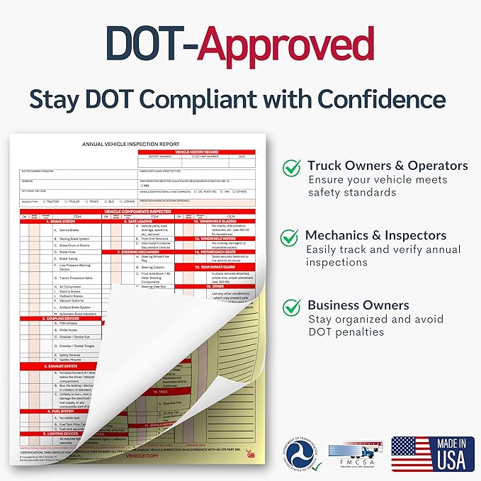 50 Pack 3-Ply Carbonless Annual Vehicle Inspection Report Forms with FMCSA Red Aluminum Adhesive Labels, DOT Inspection Forms and Stickers, Shrink-Wrapped, 8.5" x 11.75" - Made in USA