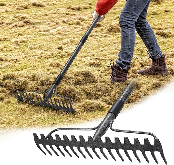 Garden Rake: 49" Metal Garden Leaf Rake with 17 Tines, Heavy Duty Bow Rakes for Lawn Yard Leaves Debris Mulch Gravel Thatch Clean,Lawn Care Gardening Landscaping