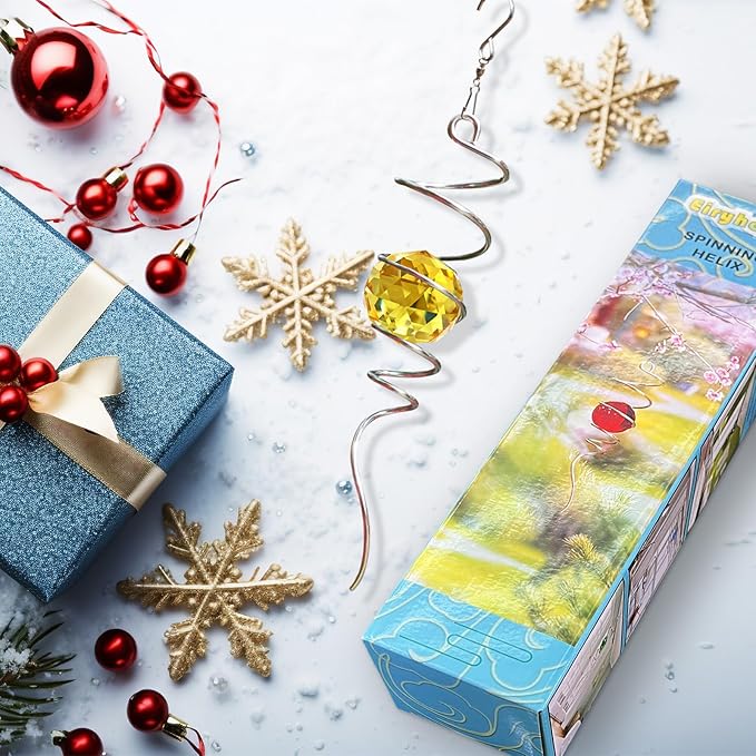 Gazing Ball Spiral Tail, Wind Spinner Stabilizer, Sun Catcher Metal Decor with Golden Crystal Glass Ball & Swivel Hook, Indoor Outdoor Decoration Garden Art Ornament Decorative Gifts 13 inch