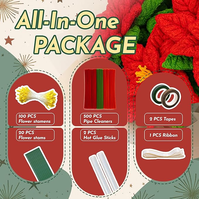 500Pcs Special Poinsettia Pipe Cleaners Craft Kit, All-in-One DIY Christmas Flower Making Supplies with Chenille Stems, Floral Wire, Floral Tape, Stamen, Ribbon for Holiday Decorations