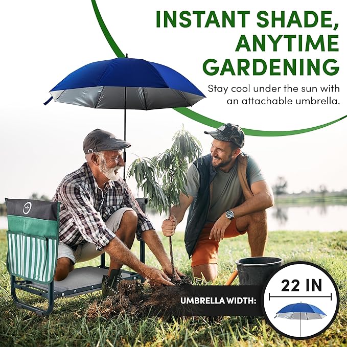Garden Kneeler Seat Bench, Garden Kneeling Bench with Sunshade Umbrella, Ergonomic Handles, Folding Table, and Potting Mat, 10.2" Foam Knee Seat, Loading Capacity 330 Lbs