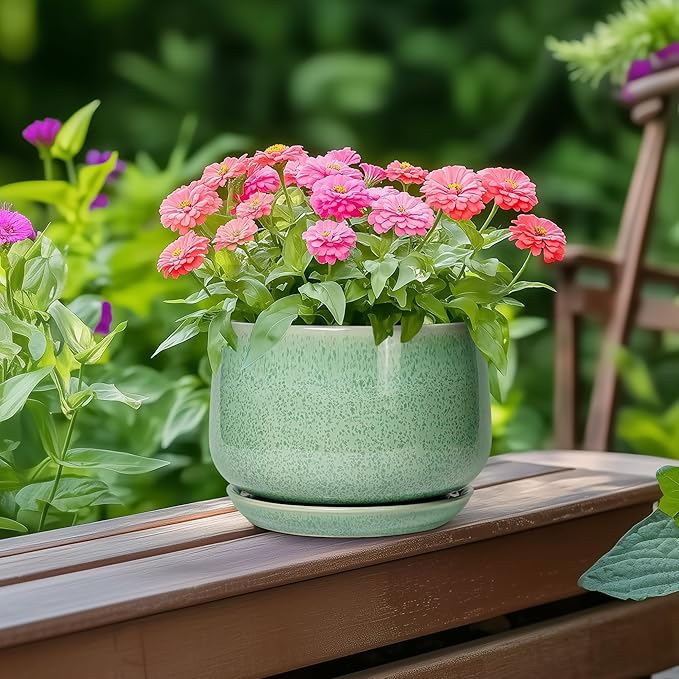 G EPGardening Ceramic Pots for Plants - 6 Inch Plant Pot with Drainage Hole and Saucer, Modern Ceramic Planter for Indoor Outdoor, Round Flower Planter, Gifts for Plants Lovers, Home Decor, Green