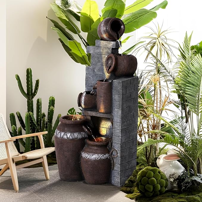 6-Tiers Garden Waterfall Fountain Outdoor - 31’5''H Water Fountains and Waterfalls, Large Outdoor/Indoor Floor Standing Resin Water Fountain with LED Light for Patio, Garden and Home (31.5”H)