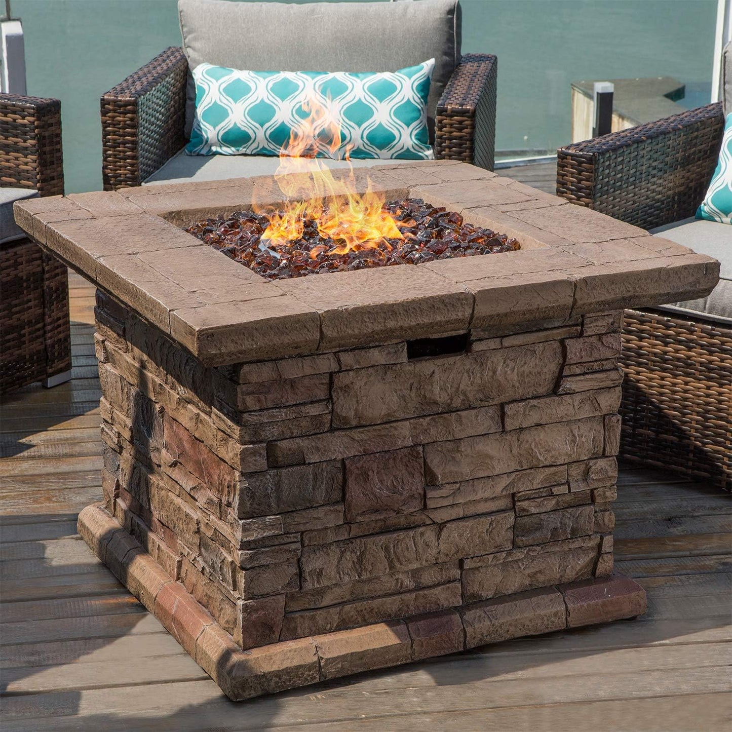 COSIEST Outdoor Propane Fire Pit Table w Faux Brown Ledgestone 32-inch Square Fire Table, CSA Certified, 50,000 BTU Stainless Steel Burner, Free Lava Rocks, Fits 20lb Tank Inside