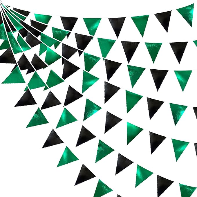 Black Green Party Decorations Metallic Fabric Triangle Pennant Banner Flag Bunting Garland for Video Game Soccer Birthday Graduations Wedding Bachelorette Halloween Outdoor Holiday Party Supplies