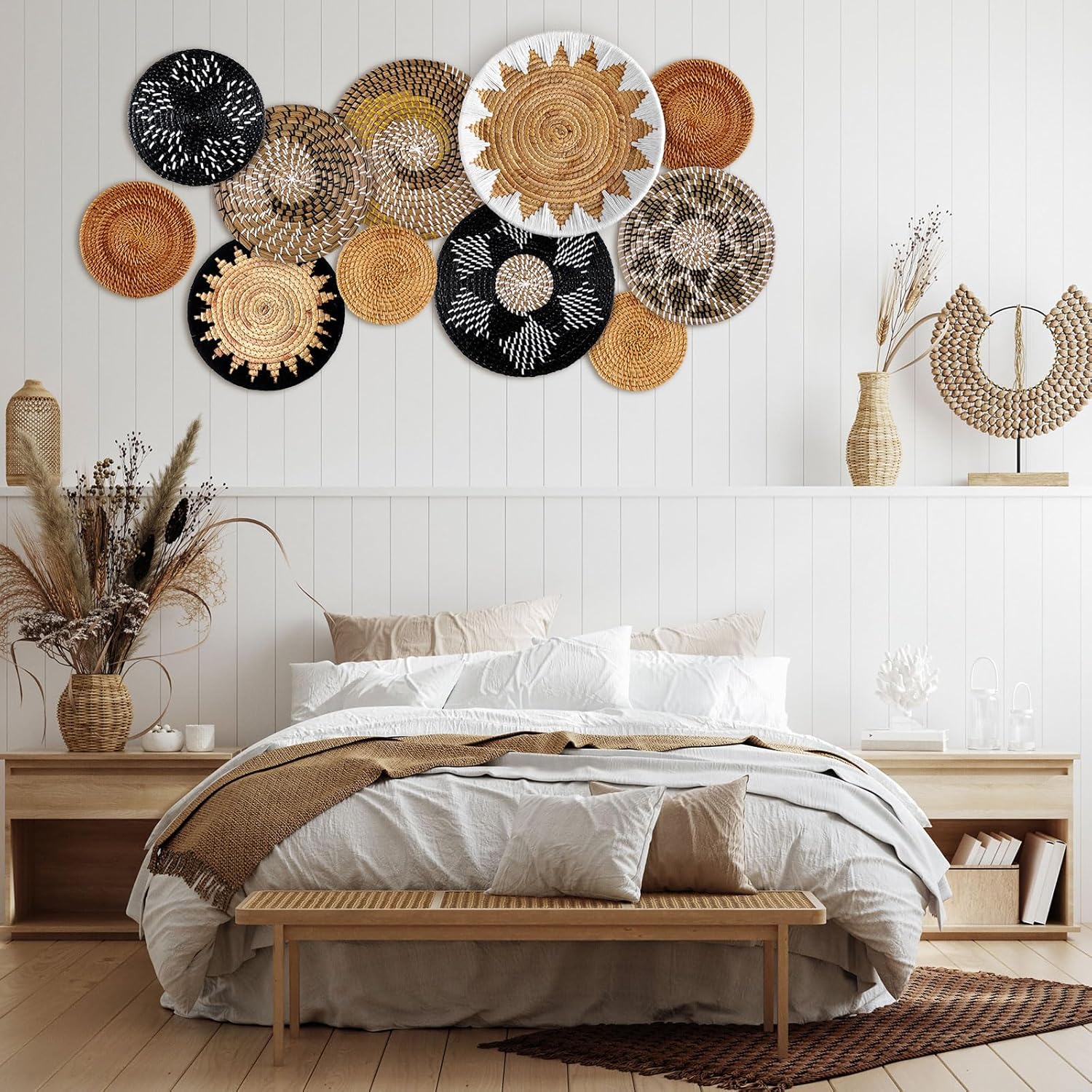 Xuhal 11 Pcs Boho Hanging Wall Basket Decor Handmade Woven Basket Wall Decorative Boho Wicker Baskets Placemats Round Farmhouse Bulrush Art for Rustic Home Decorations Christmas Gift(Stylish)