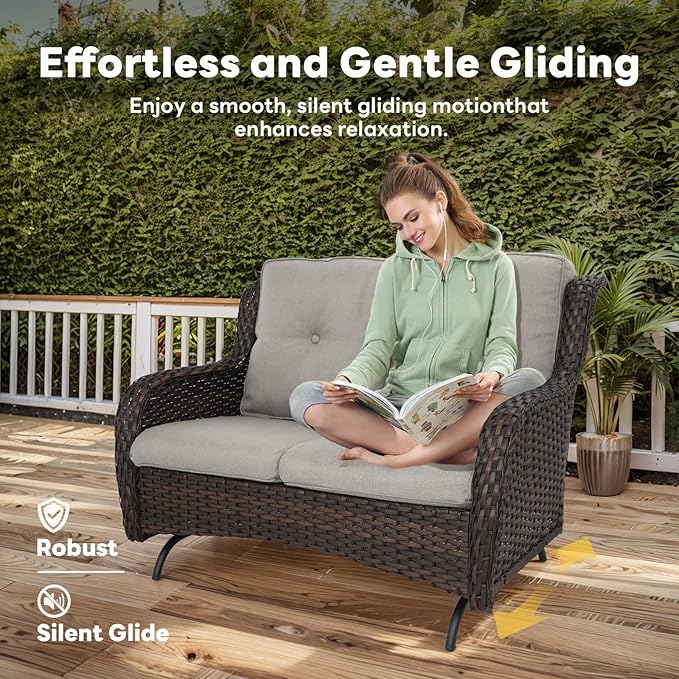 4 Piece Patio Furniture Set with Fire Pit Table - 41inch 50000 BTU Propane Fire Pit Table with High Back Loveseat Glider Chair and 2 Swivel Rocker Chair for Casual Gathering