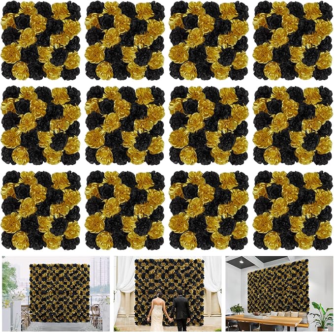 Artificial Flower Panels Rose Black Gold 15 * 15inch -12Pack 3D Floral Wall Backdrop for Party Stage Event Party Gothic Live Streaming Photography Anniversary Background Arrangement Decor