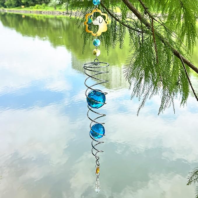 FONMY Dog Gazing Ball Spiral Tail Wind Spinner Sun Catcher Rainbow Maker Silver Double-Spiral W/Blue K9 Crystal Ball Tree Hanging Ornament Indoor Outdoor Garden Decor. -19.5inch H