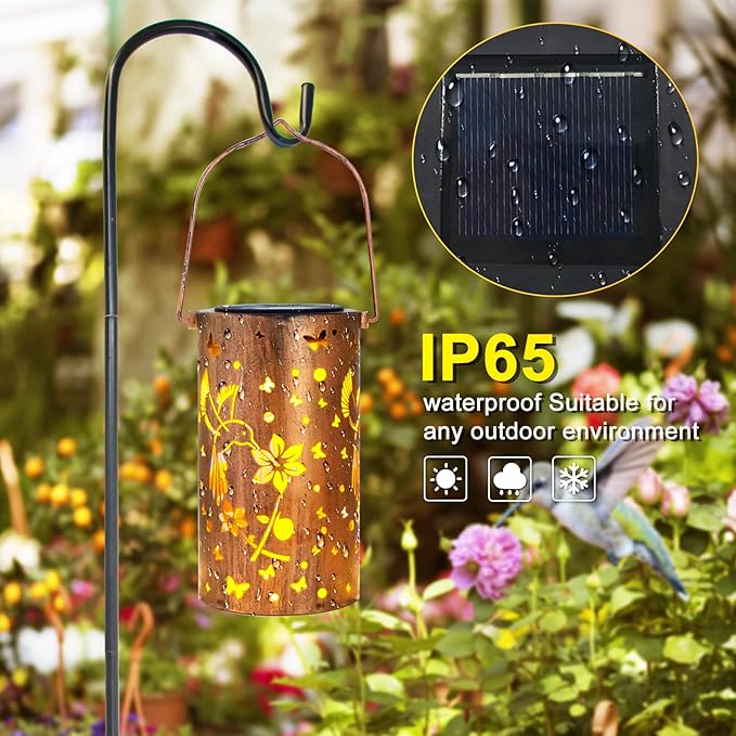 4 Packs Solar Lanterns Outdoor Hanging Lantern Lights, 4 Hummingbird Hollowed-Out Metal Decor Lantern, Waterproof LED Decorative Garden Light Gifts