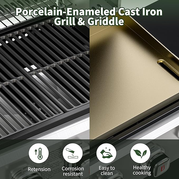 Brand-Man Griddle Grill Combo 6-Burner, 2 in 1 Versatile Propane Gas Grill and Griddle with Double Stainless Steel Lids, BBQ Combo for Outdoor Kitchen & Backyard Barbecue Cooking