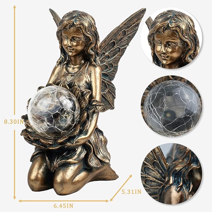 Garden Statues Outdoor Flower Fairy Decor,Solar Powered Outdoor Resin Statues-Patio Lawn Yard Porch, Funny Garden Fairies Ornaments Figurines for Outside Garden Gifts,8.31 Inches Tall