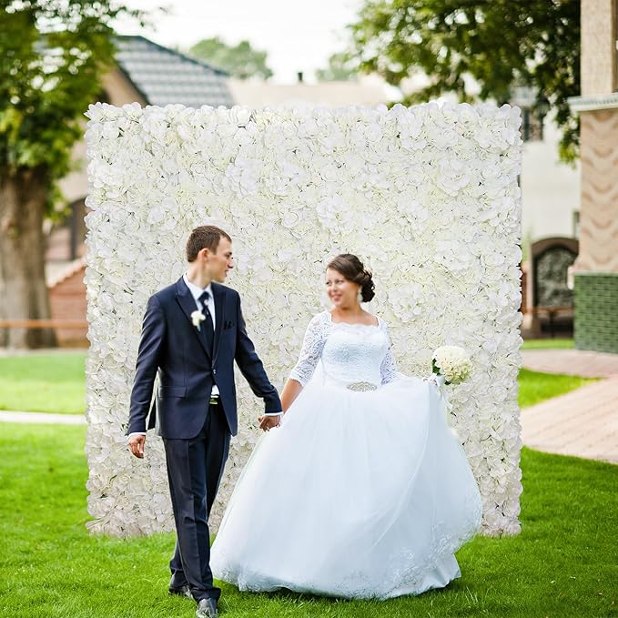 Flower Wall Backdrop 12PCS 16.5x16.5 Inch Floral Wall Panel White Artificial Silk Rose Wall Decor Ideal for Wedding Celebrations, Festive Party Backdrops and Home Decor