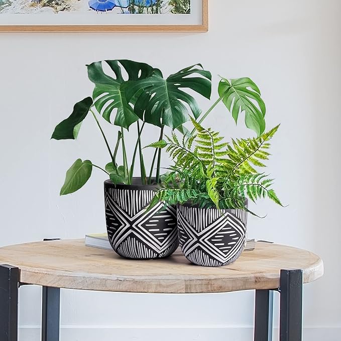 6 Inch Boho Planter Pots with Drainage Holes, 2 Pcs Terracotta Pots, Ceramic Plant Pots for Indoor Plants, Ferns, Vines, Succulents, and Outdoor Plants Growing, Gift for Plant Lovers（Black）