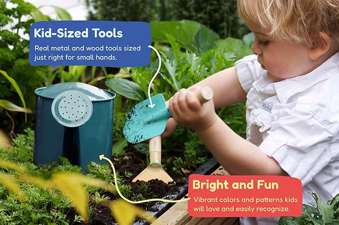 Gardening Set, Tool Kit, for Kids, STEM, Includes Tote Bag, Spade, Watering Can, Rake, Fork, Trowel and Gloves (Ocean Blue)