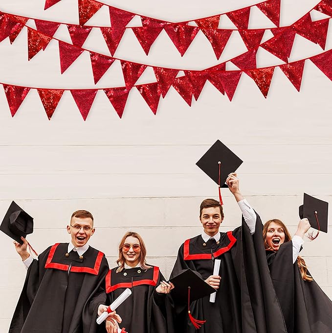 Red Party Decorations Double Sided Sequin Red Triangle Pennant Banner Flag Bunting Garland for Birthday Graduations Anniversary Wedding Engagement Bachelorette Valentines Bridal Shower Hen Party Decor