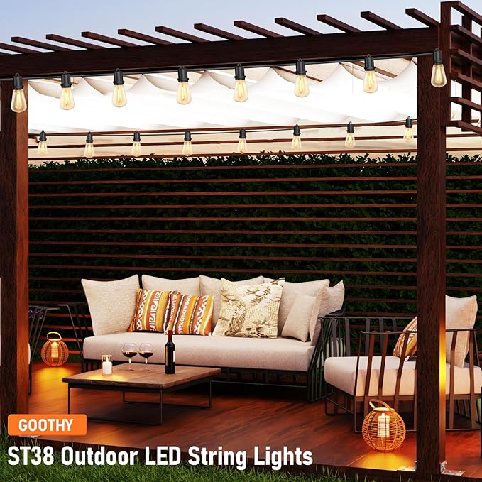 GOOTHY 25Ft LED Outdoor String Lights with 13 Edison Shatterproof Bulbs (1 Spare), ST38 Hanging Patio Lights Waterproof for Outdside Porch Deck Backyard Garden Commercial Grade Decorations Lights