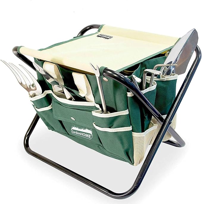 Gardening Tool Set, Stainless Steel 7-Piece Gardening Tools with Heavy-Duty Folding Stool and Detachable Canvas Tote Bag, Green and White, Ideal Gardening Gifts for Women and Men