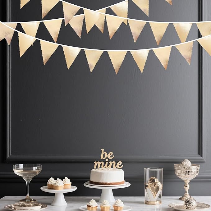 Champagne Gold Party Decoration Metallic Fabric Triangle Pennant Banner Flag Bunting Garland for Birthday Engagement Bridal Shower Wedding Anniversary Graduation Bachelorette Party Decoration Supplies